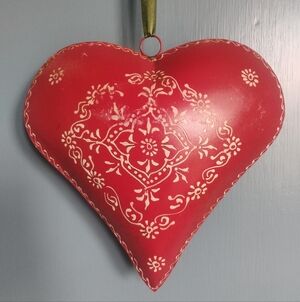 Red Heart Ornament with Embossed Floral Pattern